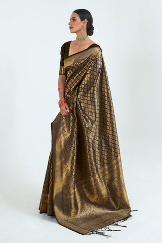 Brown Color Winsome Pure Weaving Silk Saree With Handloom Pallu.