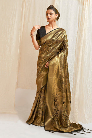 Brown Color Glamorous Handloom Zari Weaving Silk Saree With Kanjivaram Blouse.