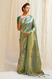 Attractive Handloom Zari Weaving Silk Saree In Sea Green Color With Kanjivaram Blouse.