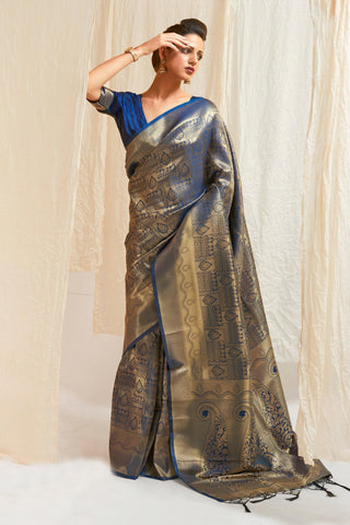 Alluring Blue Color Handloom Zari Weaving Silk Saree With Kanjivaram Blouse.