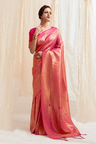 Magenta Color Gorgeous Handloom Zari Weaving Silk Saree With Kanjivaram Blouse.