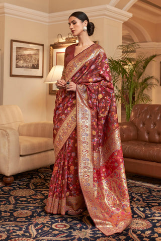 Blazing Maroon Color Kashmiri Modal Handloom Weaving Silk Saree.