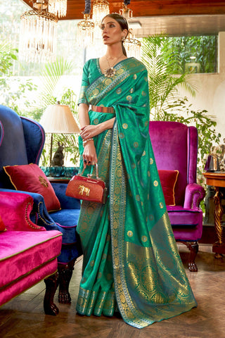 Winsome Weaving Work Art Silk Fabric Saree In Green Color.