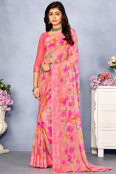 Appealing Printed Chiffon Pink Color Saree.