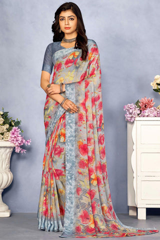 Dazzling Grey Color Chiffon Printed Saree.