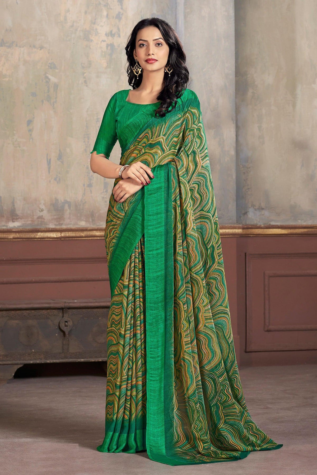 Abstract Print Chiffon Fabric Saree In Green Color.