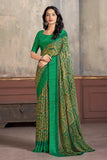 Abstract Print Chiffon Fabric Saree In Green Color.