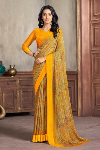 Yellow Color Abstract Print Casual Chiffon Saree.