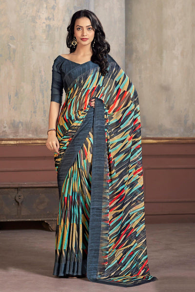 Attractive Multi Color Abstract Print Chiffon Fabric Simple Look Saree.