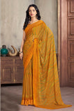 Delightful Mustard Abstract Print Chiffon Casual Saree.