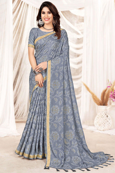 Casual Look Art Silk Printed Saree In Grey Color.