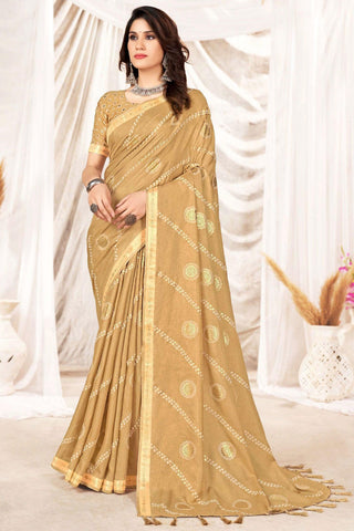 Attractive Golden Color Printed Art Silk Traditional Saree.