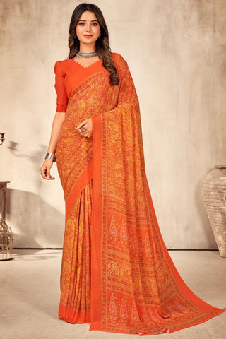 Classic Printed Orange Color Georgette Saree.