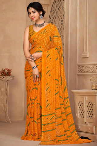 Mustard Color Chiffon Fabric Bandhej Print Casual Saree.