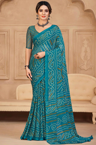 Chiffon Fabric Teal Color Bandhani Print Daily Saree.
