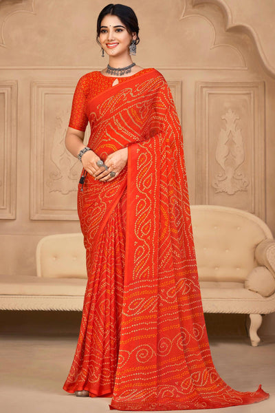 Casual Chiffon Fabric Orange Color Bandhani Print Saree.