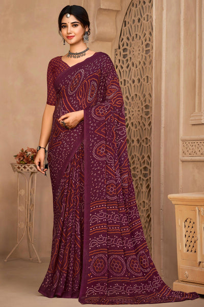 Casual Classic Wine Color Bandhej Print Saree In Chiffon Fabric.