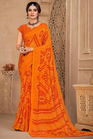 Chiffon Fabric Daily Bandhani Print Orange Color Saree.