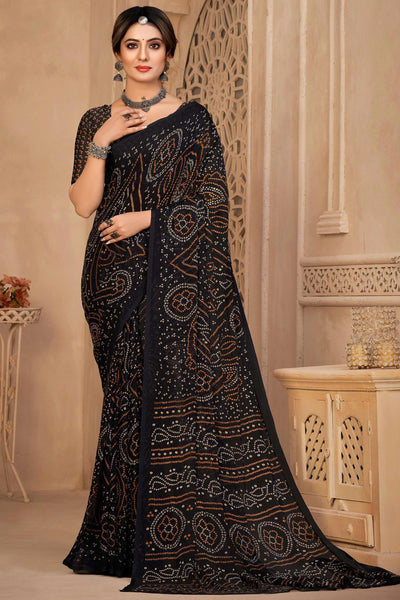 Casual Black Color Chiffon Fabric Bandhani Print Saree.