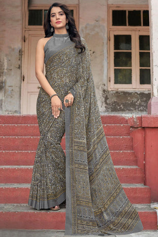 Chiffon Fabric Casual Look Grey Color Printed Saree.