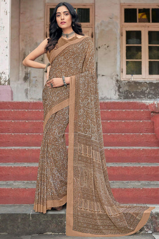 Brown Color Printed Casual Saree In Chiffon Fabric.