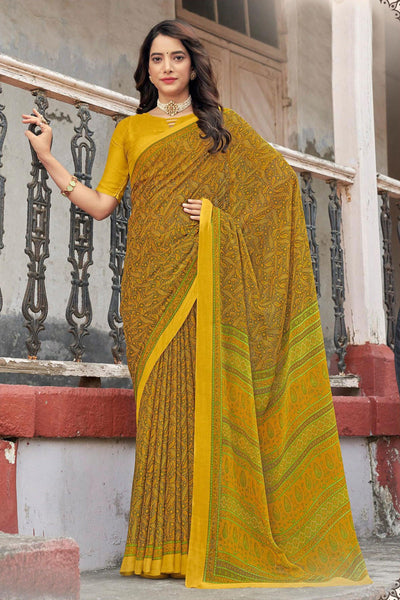 Yellow Color Casual Lovely Abstract Printed Saree In Chiffon Fabric.