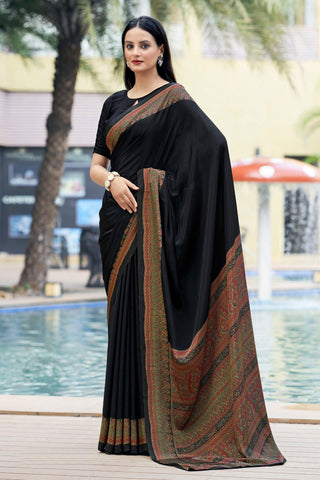 Charming Black Color Crepe Silk Fabric Casual Saree With Border Work.