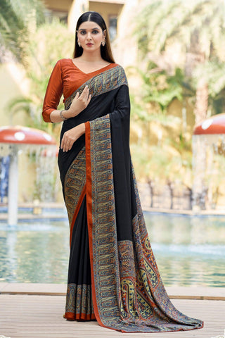 Beguiling Border Work On Black Color Crepe Silk Fabric Casual Saree.