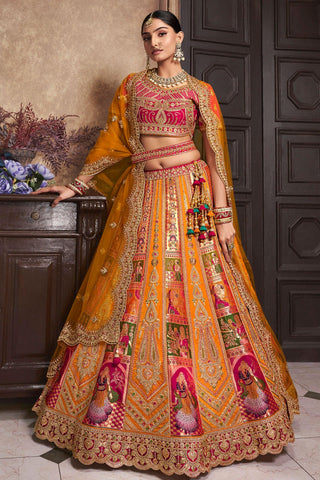 Entrancing Silk Fabric Bridal Lehenga In Mustard Color With Embroidered Work.
