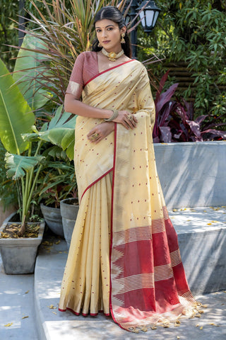 Casual Look Art Silk Fabric Zari Weaving Saree In Cream Color.