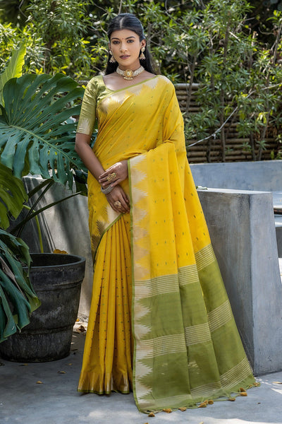 Attractive Yellow Zari Weaving Art Silk Simple Saree.