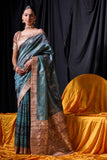 Tussar Silk Teal Color Fancy Weaving Print Function Wear Saree.