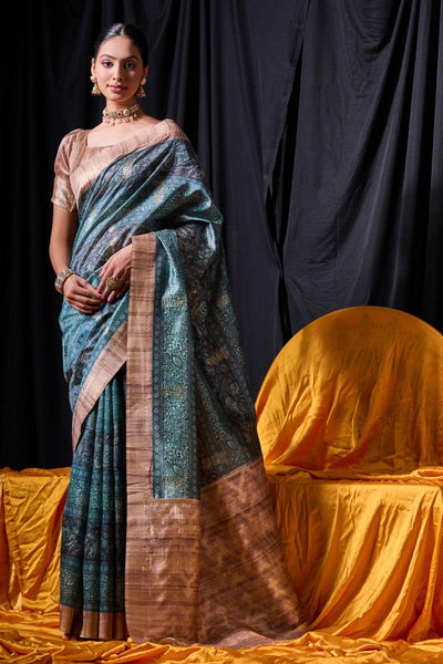 Tussar Silk Teal Color Fancy Weaving Print Function Wear Saree.