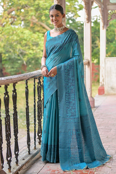 Daily Wear Handloom Art Silk Woven Border Teal Saree.
