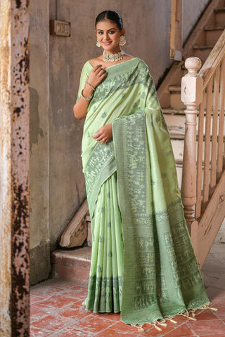 Adorable Sea Green Color Casual Handloom Art Silk Woven Border Saree.