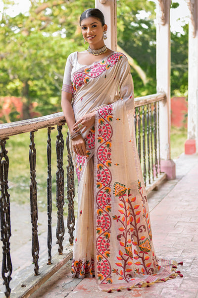 Cotton Fabric Cream Fancy Handloom Woven Casual Look Saree.