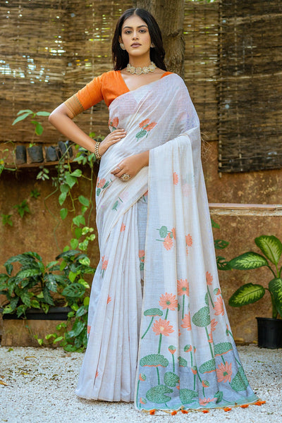 Muga Cotton Fabric Weaving Work Off White Daily Wear Saree.