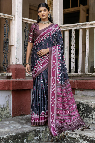 Black Color Cotton Silk Fabric Printed Casual Saree.