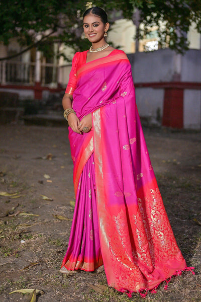 Classic Art Silk Fabric Magenta Color Weaving Work Saree.