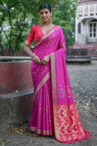 Festive Wear Art Silk Magenta Color Weaving Work Saree.