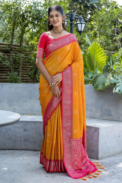Yellow Color Weaving Work Function Wear Banarasi Art Silk Fabric Saree.