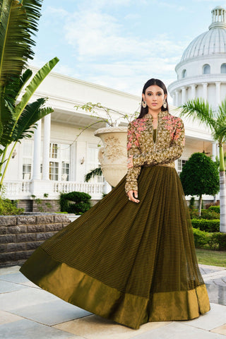 Olive Color Fancy Fabric Tempting Sangeet Wear Anarkali Suit.
