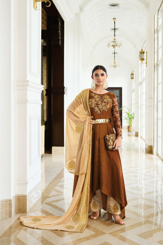Alluring Art Silk Fabric Brown Color Sangeet Wear Anarkali Suit.