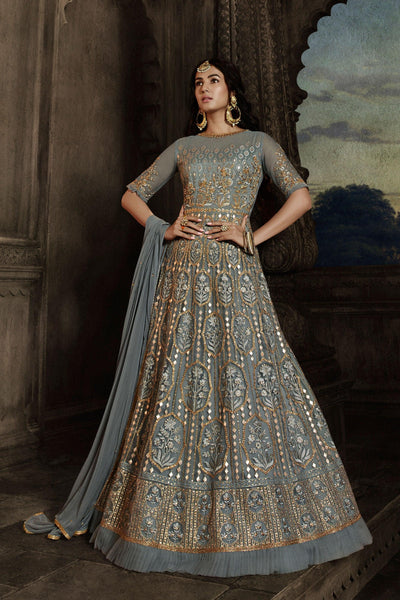 Sonal Chauhan Fascinating Grey Color Net Fabric Wedding Wear Anarkali Suit.