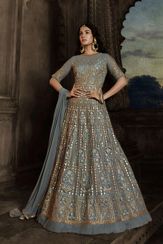 Sonal Chauhan Fascinating Grey Color Net Fabric Wedding Wear Anarkali Suit.