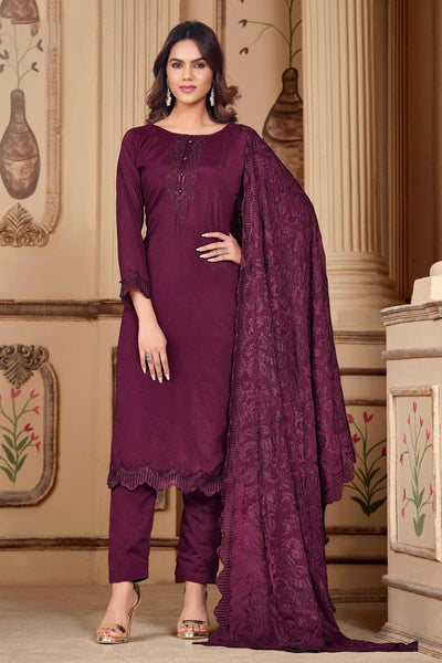 Trendy Art Silk Fabric Purple Color Salwar Suit With Embroidered Work.
