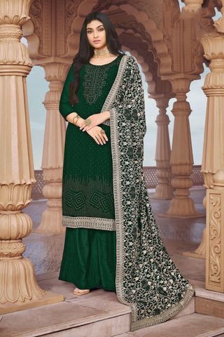 Classic Dark Green Color Festival Look Georgette Palazzo Suit In Fancy Work.
