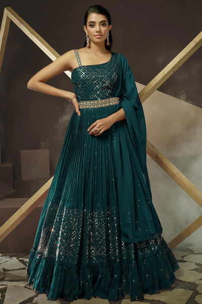 Gerogette Designer Teal Color Gown With Dupatta.