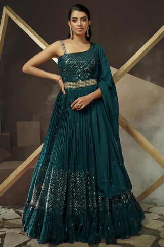 Gerogette Designer Teal Color Gown With Dupatta.