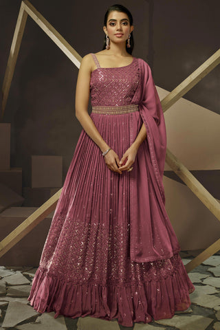 Pink Color Embroidered Readymade Party Style Gown With Dupatta.